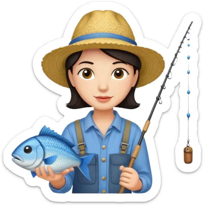 GRANJERO PIEL CLARA Y PELO OSCURO  CON CAÑA DE PESCAR Y UN PESCADO EN LA CAÑA sticker