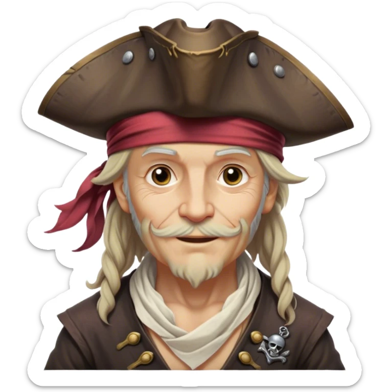 Clash of Clans aesthetic: Beautiful and Majestic Pirate Portrait Emoji, Rendered in serene confidence with a gentle, enigmatic smile and a regal tricorn hat, showcasing a distinguished, weathered build with a timeless bandana and soft, wise eyes in natural skin tone, Simplified yet exquisitely endearing features, highly detailed, glowing with a soft, drowsy maritime light, high shine, calm and heroic, stylized with an air of legendary seafaring elegance, soft glowing outline, capturing the essence of a majestic pirate whose noble spirit inspires epic adventures! sticker