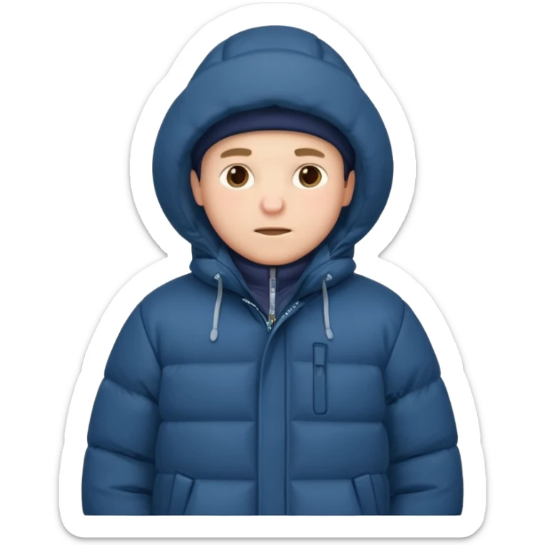 A man sitting on a chair, wearing a puffed coat with hood, hands in his pocket, freezing in the winter sticker