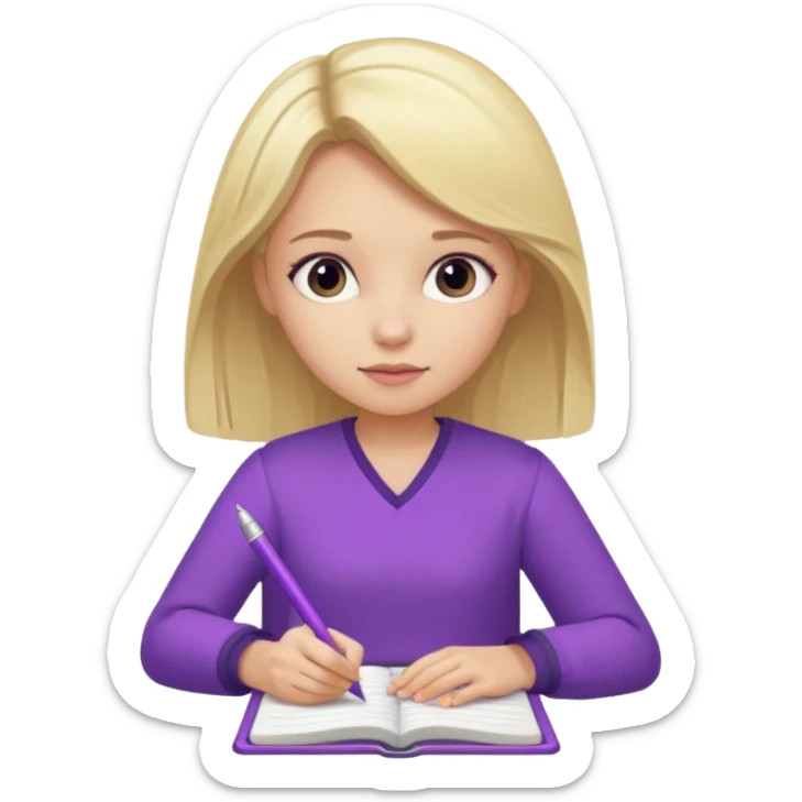 girl sitting, writing in a notebook, blond hair, dressed in purple clothes sticker