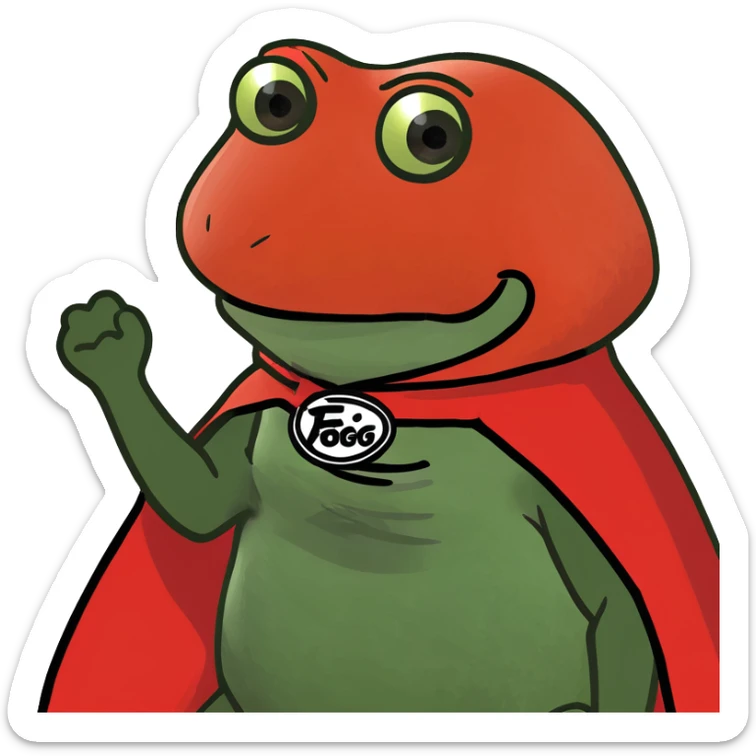 red Pepe the Frog superhero with Fogo.io logo as cape, power pose, cartoonish, bold, meme-inspired, red color palette, witty and playful, Discord sticker sticker