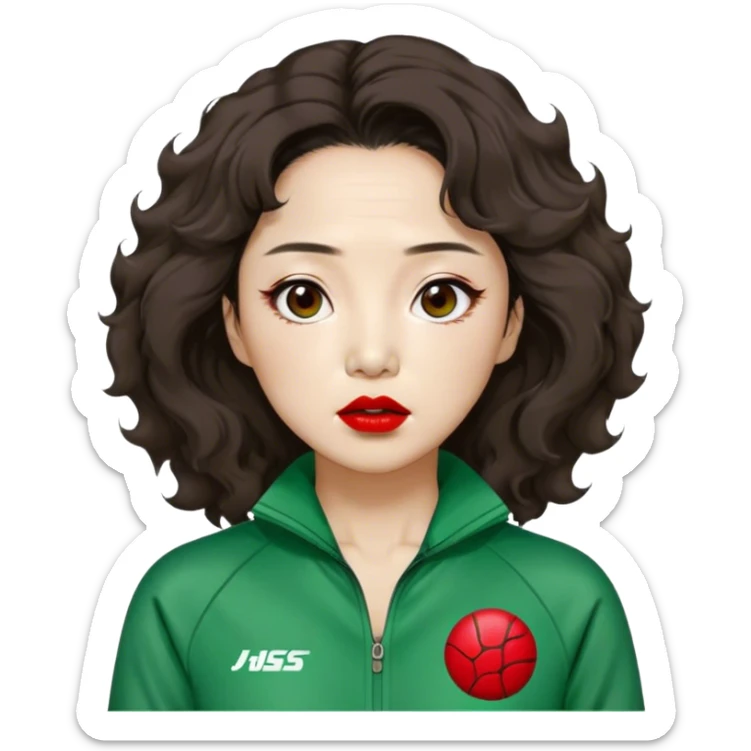 Han Mi-nyeo: Age Late 70s
Appearance: A crazy woman with many wrinkles face, frizzy, very messy dark brown hair and dramatic red lipstick.
Outfit: Green player tracksuit sticker