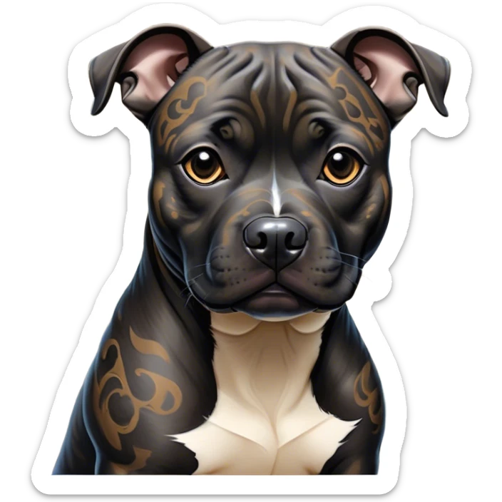 Cinematic Noble Black/Brindle Staffordshire Bull Terrier Portrait Emoji, Poised and regal, with a compact, muscular build and a sleek, well-groomed Fur featuring a striking mix of black and brindle patterns, deep-set soulful dark eyes, Simplified yet sharp and sophisticated features, highly detailed, glowing with a soft, dignified glow, high shine, intelligent and loyal, stylized with an air of strength, focused and attentive, soft glowing outline, capturing the essence of a watchful and confident guardian, so majestic it feels as though it could stride out of the screen with effortless authority! sticker