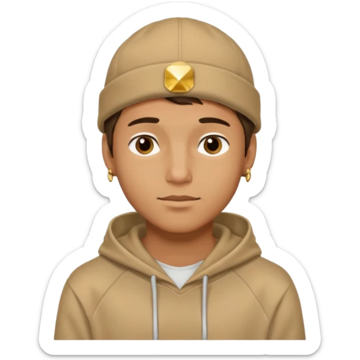 {
  "type": "human",
  "look": "male, tan hoodie, brown cap, gold jewelry, calm face, front view",
  "description": "a young man wearing a hoodie and cap, looking relaxed and confident"
} sticker