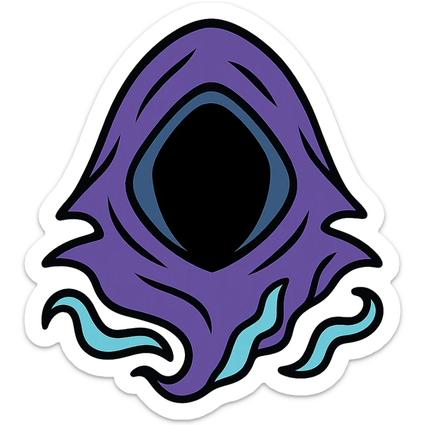 flat color vector emoji of a ghostly, hooded figure's head, faceless, made of swirling smoke and shadow, torn and ruffled hood, surprised expression shown by interplay of light and shadow on the hood, dark, ethereal, and mysterious sticker