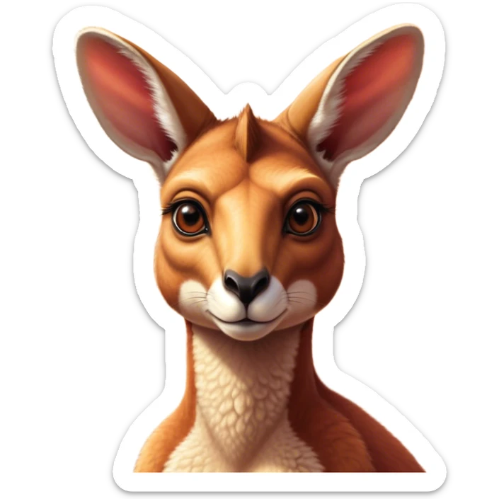 Cinematic Noble Adult Red Kangaroo Portrait Emoji, Poised and regal, with a robust, muscular build, tawny reddish fur, and a distinctive red kangaroo-shaped head featuring a slightly elongated snout, prominent ears, and keen, observant eyes, Simplified yet sharp and sophisticated features, highly detailed, glowing with a warm, sunlit glow, high shine, intelligent and commanding, stylized with an air of outback authority, focused and vigilant, soft glowing outline, capturing the essence of a watchful guardian that seems ready to bound out of the screen with effortless power! sticker