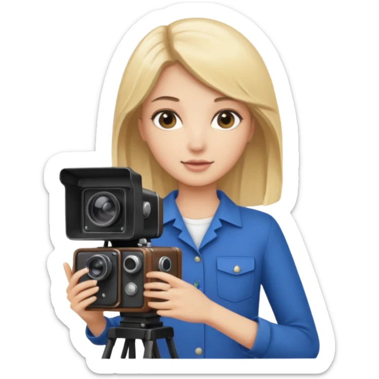 A brunette girl , she’s a proud and successful filmmaker 🍿🌍✨ she’s next to a tall, set camera, / holding awards  sticker