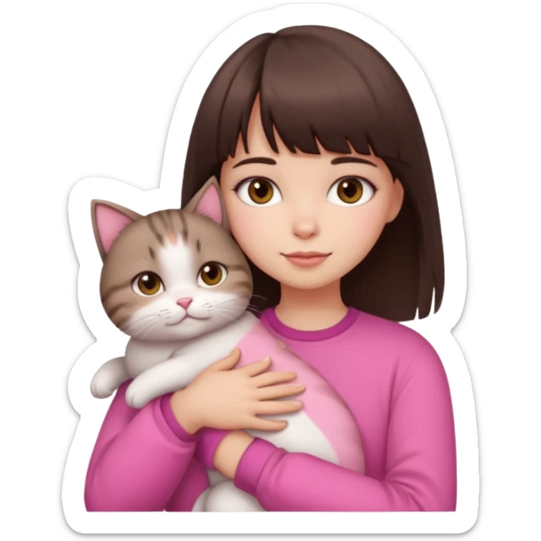 a cute white girl with bangs and straight dark brown hair, brown eye, light makeup wear a pink clothes hugs a cute chubby cat sticker