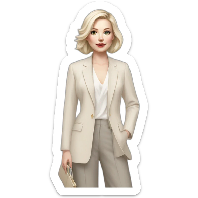 pale skin woman with ash blonde Straightened bob Hair, White Spacious classical jacket, beige palazzo Arrow pants and gray blouse holding a color palette in the hands sticker