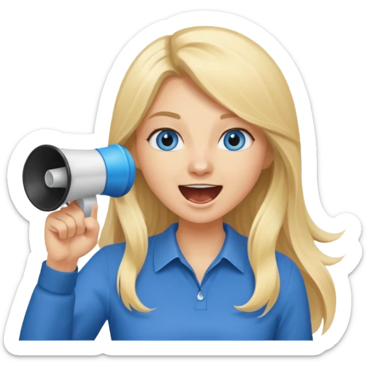  blue eyes blonde girl yelling into megaphone smiling long hair holding up finger sticker