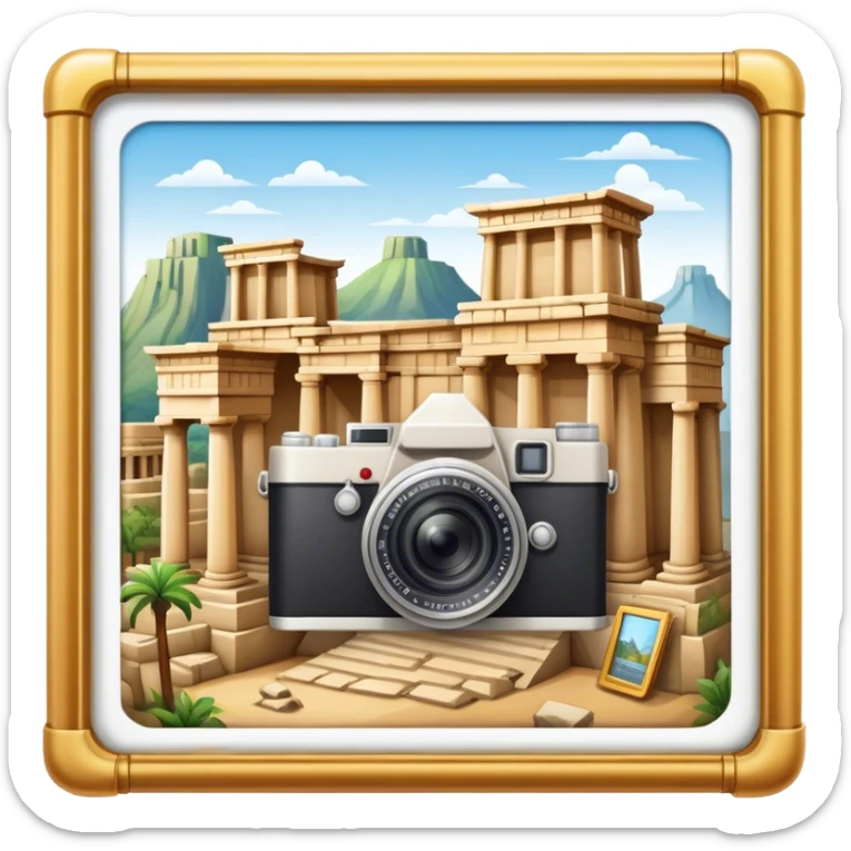 Icon for Historical and Cultural Tourism: iconic landmarks like ancient ruins, a museum and a historical monument, with a travel guidebook and camera. The icon should capture the exploration of history and culture. Transparent background. sticker