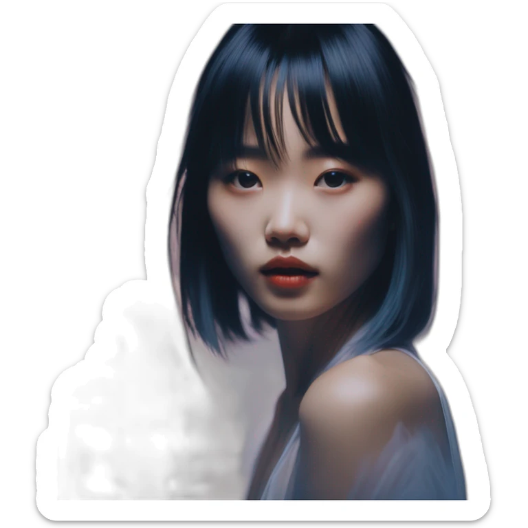 chinese girl david bellemere, bathed in shadows, fov 90 degrees, short lighting, cold colors, gilded technique, extremely hyper aesthetic sticker