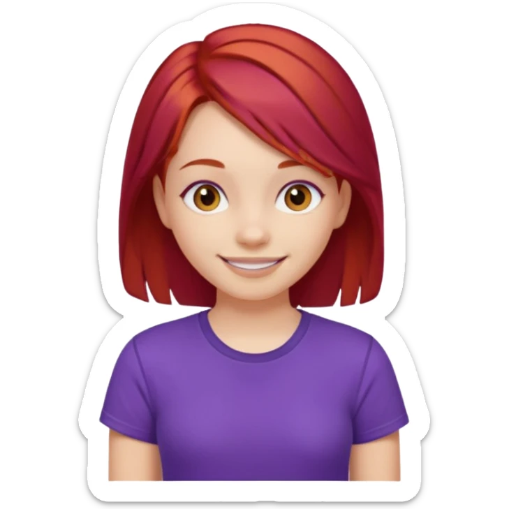 Young girl with red hair, wearing a purple T-shirt, with a smiling face sticker