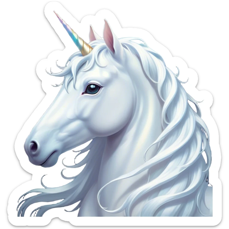 Cinematic Noble White Unicorn Portrait Emoji, Poised and regal, with a slender, ethereal form draped in a pristine white color, a flowing mane and tail, and a glistening, spiraled horn that radiates pure light, Simplified yet sharp and sophisticated features, highly detailed, glowing with a soft, iridescent luminescence, high shine, intelligent and transcendent, stylized with an air of mythical enchantment, focused and serene, soft glowing outline, capturing the essence of a watchful and confident white unicorn that appears ready to prance out of the screen with magical grace! sticker