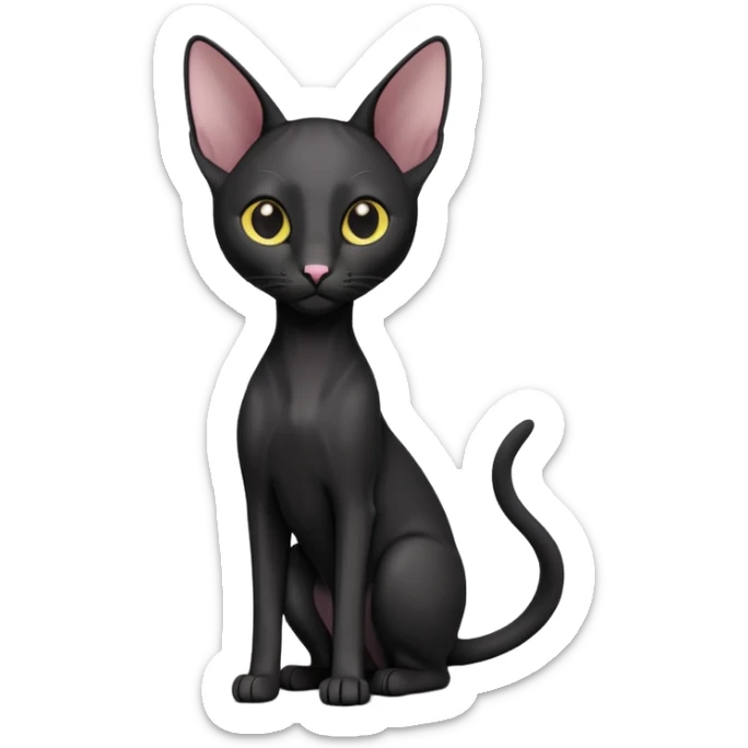 A 3D cartoon black Oriental Shorthair cat with sleek body, tall ears, reflective fur, dark cinematic background, Memoji-style. full body or half body. sticker