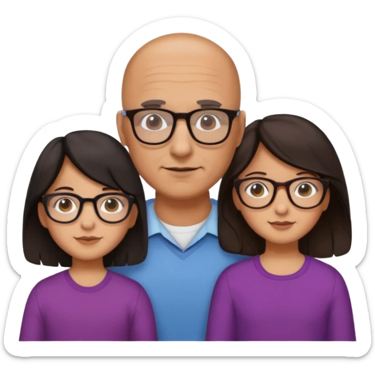 Papà calvo con occhiali, mamma capelli neri occhi marroni no occhiali, figlia capelli marroni mossi e occhiali tartarugati con montatura spessa occhi marroni, figlia capelli lisci marroni occhiali neri con montatura grande e fina occhi marroni  sticker