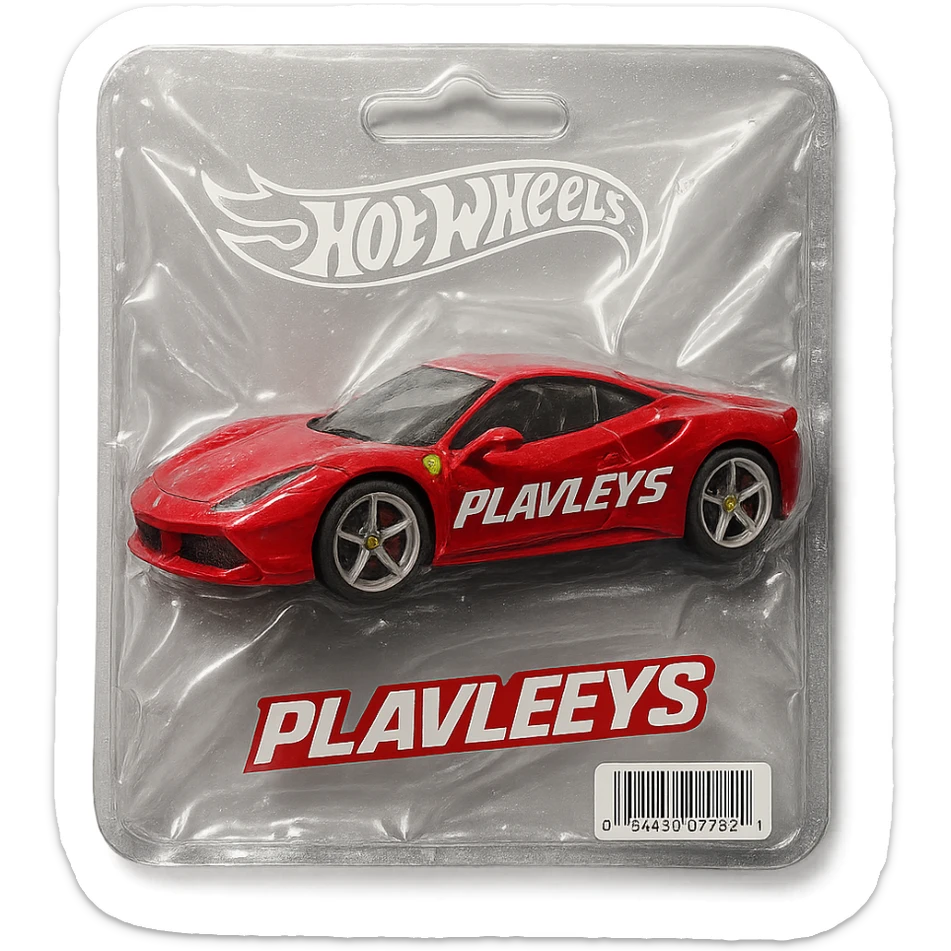 red Ferrari car with the word 'PLAVLEYS' in racing style lettering on the side, inside a Hot Wheels blister package, glossy and puffy, vacuum-sealed style sticker