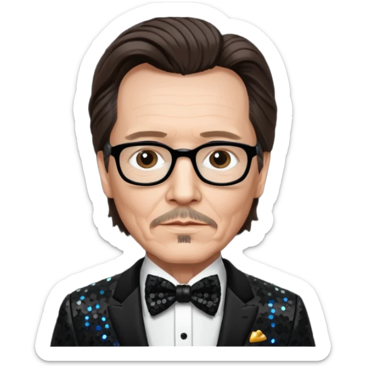 Gary Oldman with dark brown hair hair, black sequin suit with bow tie sticker