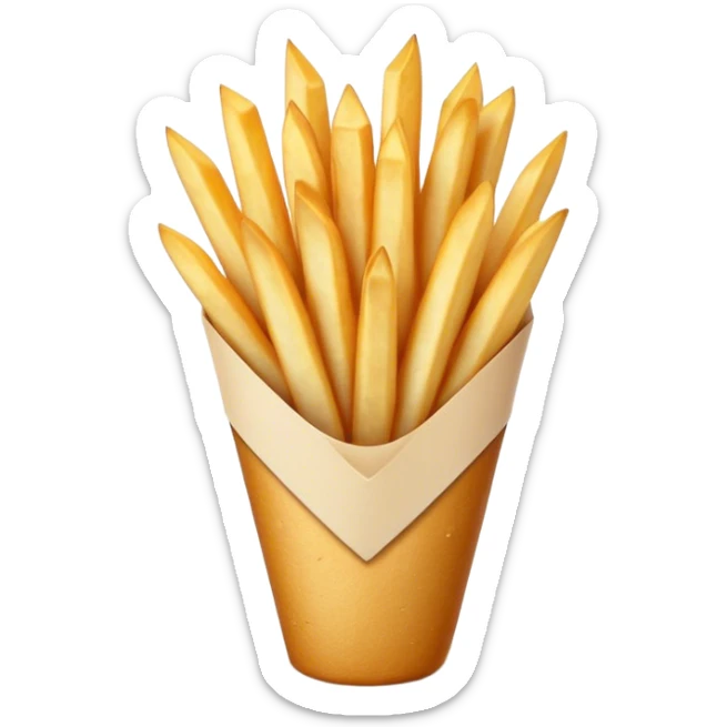 Cinematic Realistic Belgian Fries Dish Emoji, showcasing thick, crispy fries served in a paper cone rendered with detailed textures and golden, appetizing lighting. sticker
