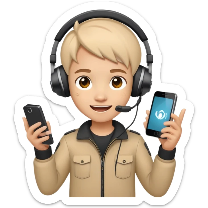 Cute cartoon character with gaming headset holding a mobile phone playing Free Fire, with excited eyes and happy expression sticker