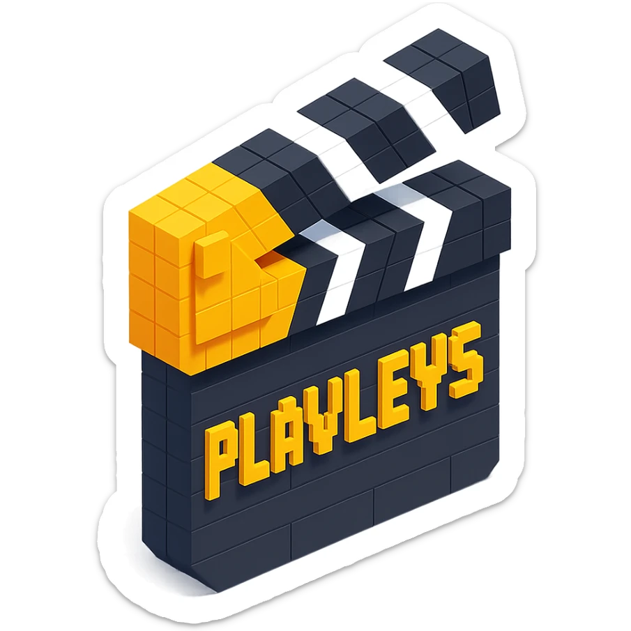 voxel style movie clapperboard with the text 'PLAVLEYS', gold lid, black and white stripes, isometric view sticker