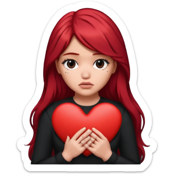 A Kylie Jenner with long red hair is sad and holds a black heart in her hands sticker
