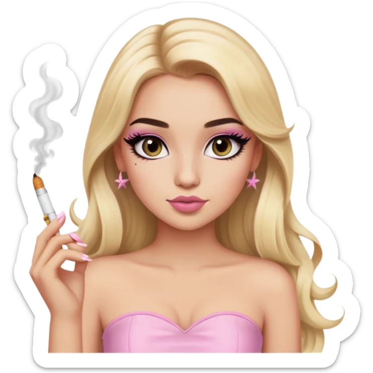 blonde long hair gorgeous girl with latina makeup holding a cigarette winged eyeliner big lashes light pink tube top sticker