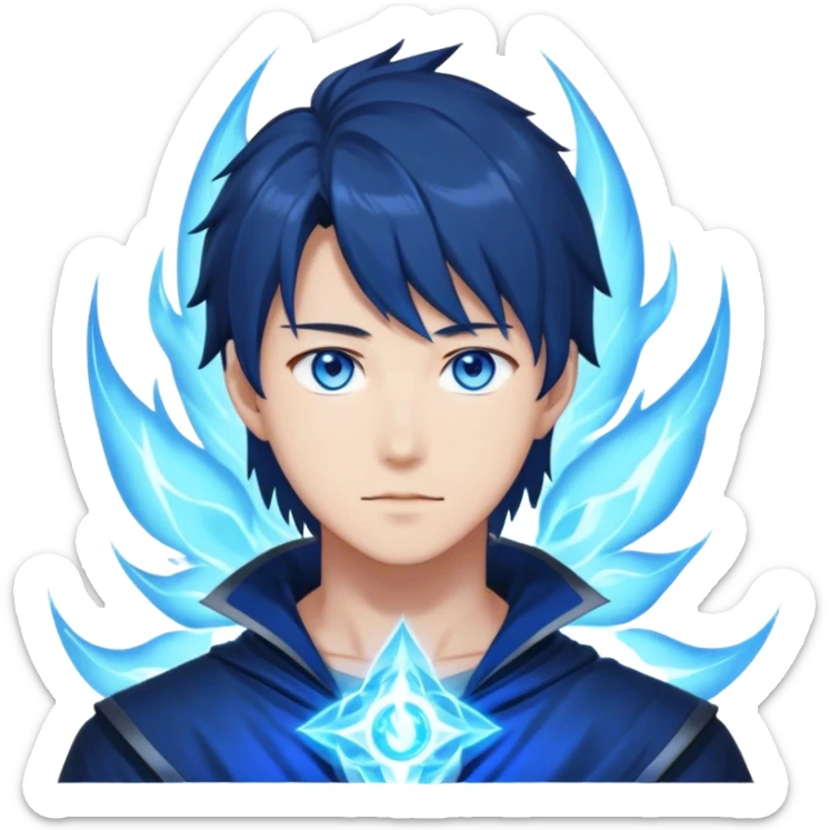 sung jin woo from solo leveling whit blue glowy eyes and blue aura glowing from hm sticker