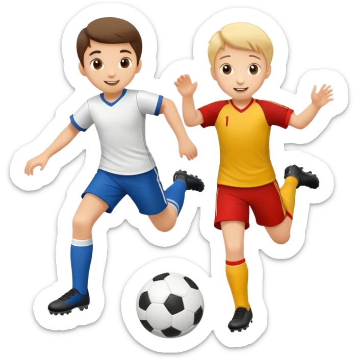 two children playing soccer, one kicking the ball, happy and playful sticker