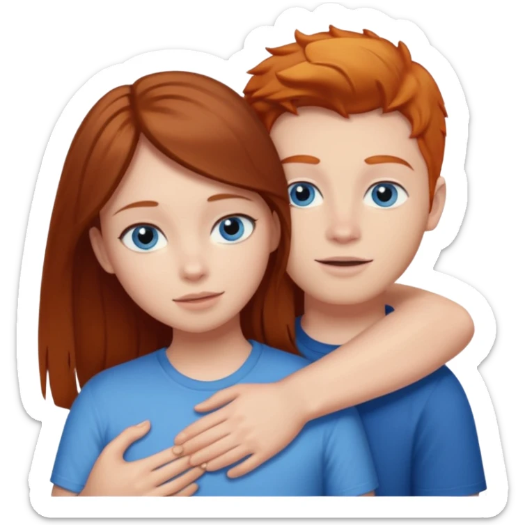 Girl with straight brown hair being hugged by ginger boy. Both have blue eyes.  sticker