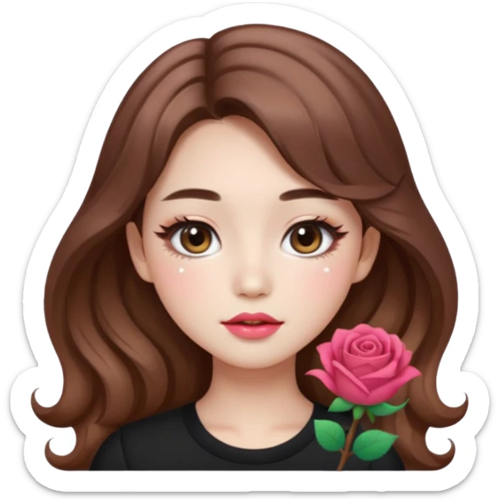 “korean brown hair Emoji girl, soft eyeliner, gradient rose lips, light brown shimmer eyeshadow, sparkly aegyo-sal, long wavy hair,  sticker