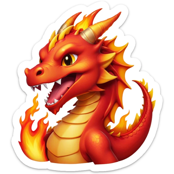 Cinematic Cute Yawning Fierce Fire Dragon Portrait Emoji, Head tilted slightly with a dramatic, wide-open yawn, revealing a fearsome yet endearing scaled visage bathed in searing reds and oranges, with gentle flames licking around its open mouth; rendered with realistic detail and flickering natural light, high shine, relaxed yet fierce, styled with a dash of smoldering charm, soft glowing outline, capturing the essence of a sleepy but spirited inferno ready to unleash a tender blaze of warmth! sticker