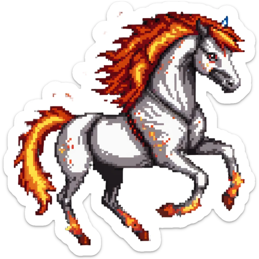 Red fast fire horse made of embers, magma, visible lava, burning, with ash particles surrounding it. Horse galloping with a fiery mane and tail. sticker