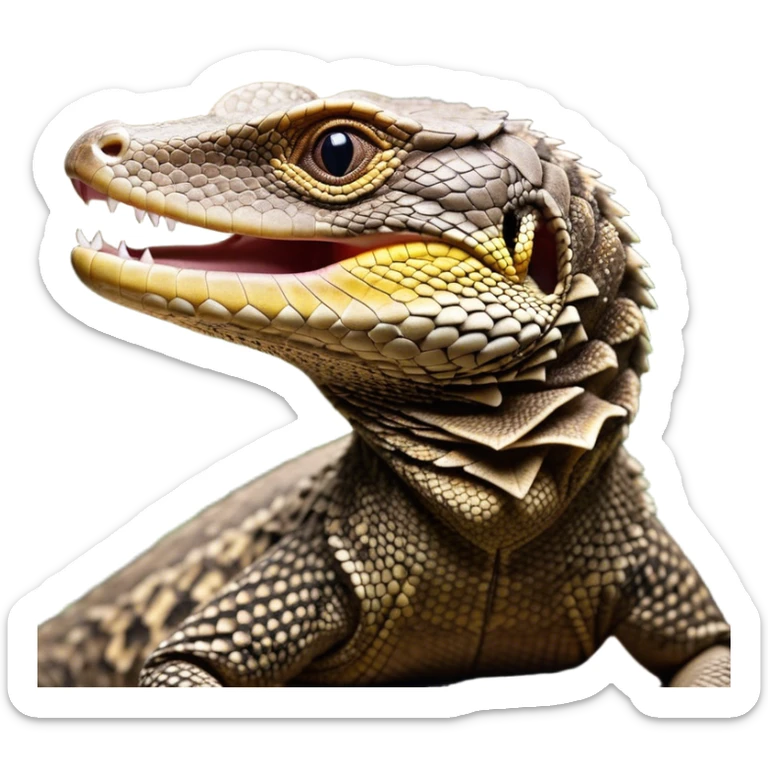 Cinematic Cute Yawning brown camo spotted monitor Lizard Portrait Emoji, Head tilted slightly with a dramatic, wide-open yawn, showcasing textured, patterned scales and sleepy, half-closed eyes exuding relaxed charm, Simplified yet irresistibly adorable features, highly detailed, glowing with a soft, cozy glow, high shine, relaxed yet expressive, stylized with a dash of whimsical wildness, soft glowing outline, capturing the essence of a drowsy yet affectionate reptile that appears ready to stretch out for a nap! sticker