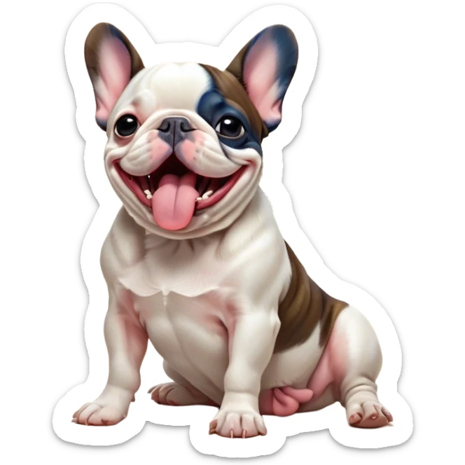 Cinematic Cute Yawning Pied French Bulldog Portrait Emoji, Head tilted with an exaggerated, endearing yawn and sleepy, squinty eyes, showcasing a unique pied fur of contrasting colors with a playful expression, simplified yet irresistibly adorable, highly detailed, glowing with a soft, cozy radiance, high shine, exuding a relaxed, humorous charm, styled with a gentle, soft glowing outline, capturing the essence of a Pied French Bulldog in a blissfully cute yawn that warms the heart! sticker