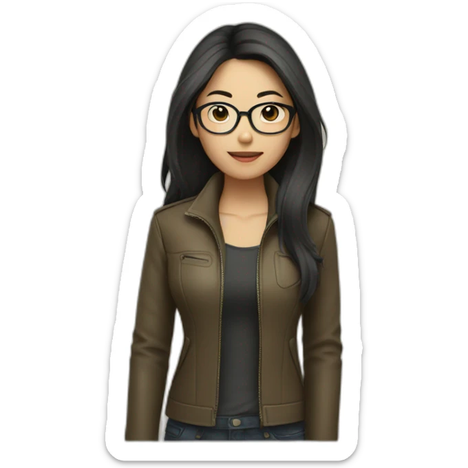 asian girl with glasses and a leather jacket with a  khaki shirt and long dark hair sticker