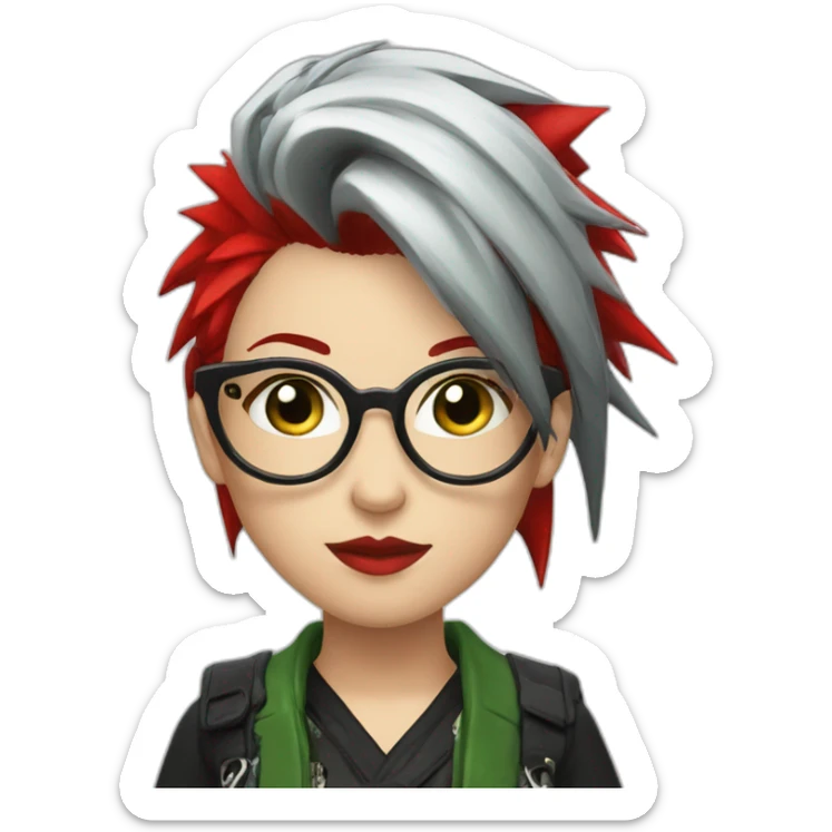 A Japanese Woman With Long Spiky Black And Red Hair And Red Make Up. Green Eyes. Punk. Glasses.  sticker