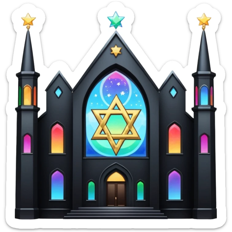 jewish synagogue temple in dark goth aesthetic style with black building and very light rainbow tint glass windows and star of david and celestial symbolism sticker