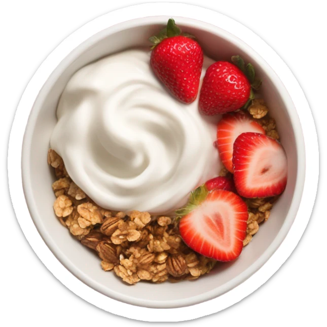 Top view of a yogurt bowl with strawberries and granola sticker