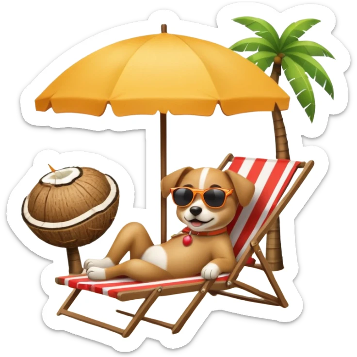 a dog laied on a beach chair, a sunny beach, a sun umbrella, and beach coconut trees. the icon should capture the essence of a relaxing beach vacation with a carefree atmosphere sticker