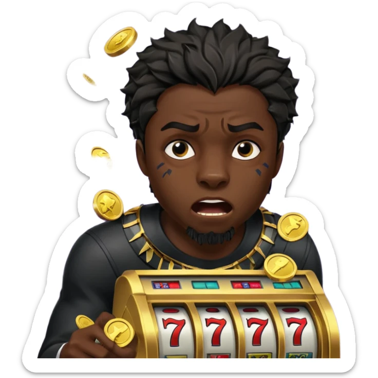 disheveled Black Panther losing money at a slot machine, panicked face, coins flying sticker