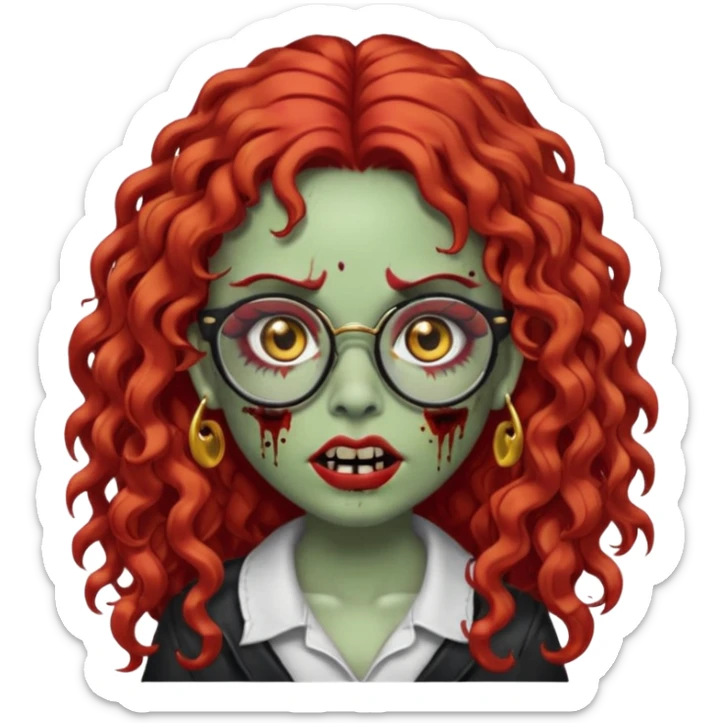 zombie girl emoji with long red curly hair, thick lashes, black glasses, gold nose piercings on each nostril, and a gold eyebrow piercing. sticker