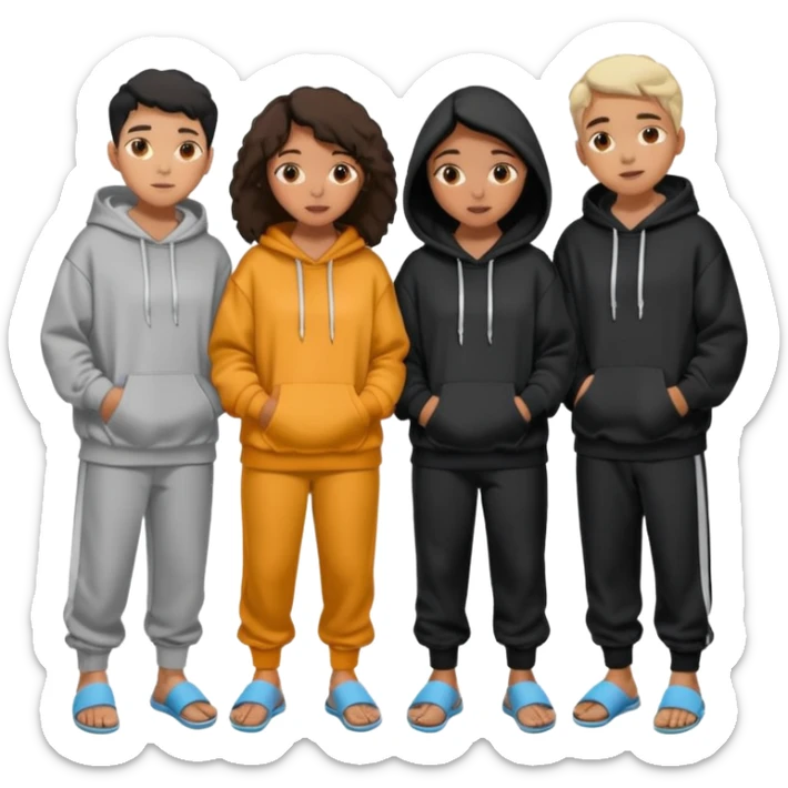 four mixed race friends all wearing oversized hoodies, sweatpants, and slides huddled together in a circle  sticker