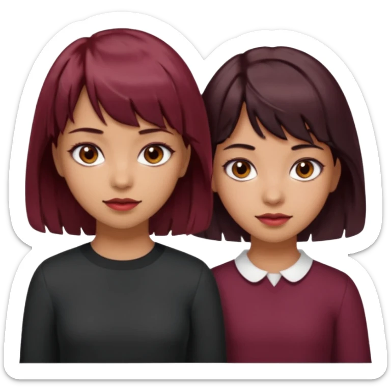 2 girls both tan skin. One with short length wavy burgundy hair, bangs and brown eyes, the other with medium length black hair with brown eyes  sticker