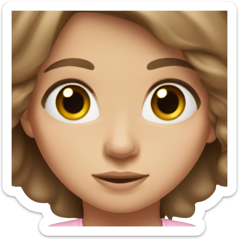 A girl with hazel eyes long brown hair wearing a light pink top sticker