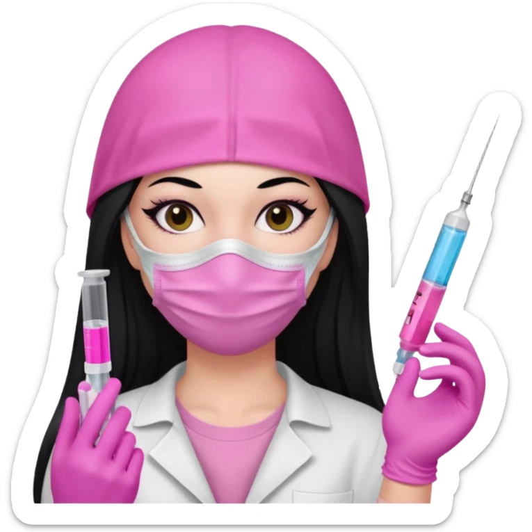 laboratorista con guantes rosa y mascarilla rosa jeringa tubo laboratorio sin lentes y ojos negros cabello largo negro color ojos oscuro color y cabello largo lacio guantes camisa y maascarilla mismo color sticker