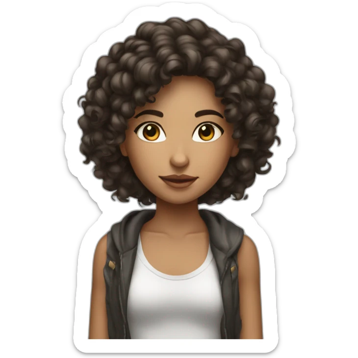 a girl with long dark brown curly hair and skin clear with street wear sticker