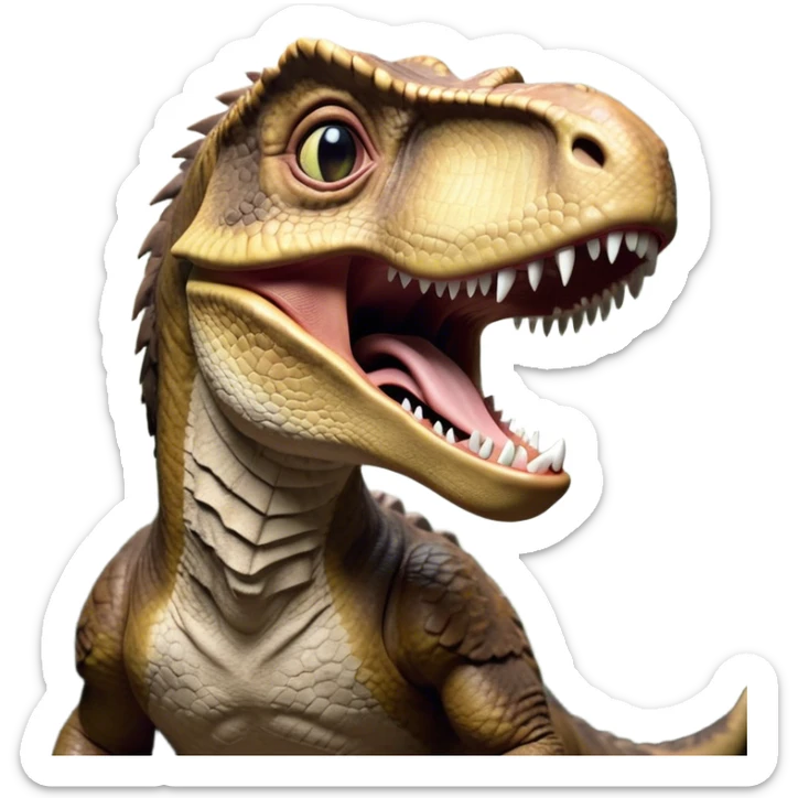 Cinematic Realistic Cute Yawning velociraptor/T-rex Portrait Emoji, Head tilted slightly with a dramatic, wide-open yawn, showcasing a massive, rugged scaled hide with subtly drooping features and half-closed, drowsy eyes rendered in authentic prehistoric detail, high shine, relaxed yet expressive, styled with a dash of ancient charm, soft glowing outline, capturing the essence of a sleepy yet affectionate velociraptor/T-rex that appears ready to stretch out and settle into a timeless nap! sticker