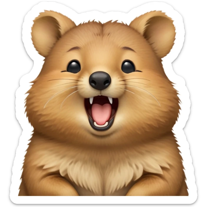 cinematic-realistic  yawning quokka-emoji,-small-round-frame, head tilted in an endearing manner, wouth wide open yawning, sleepy comical smile, round fluffy cheeks, giant-fluffy-cheeks-large-smile-fluffy-brown-fur-radiating-a-warm-softness,-big-round-eyes-filled-with-joy, realistic round  fluffy zoomed in, large black eyes one paw raised in the air sticker
