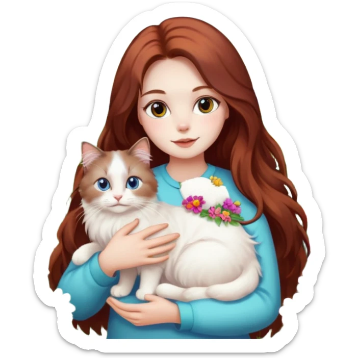 A woman with long dark auburn hair holding a white ragdoll cat in a field of flowers sticker